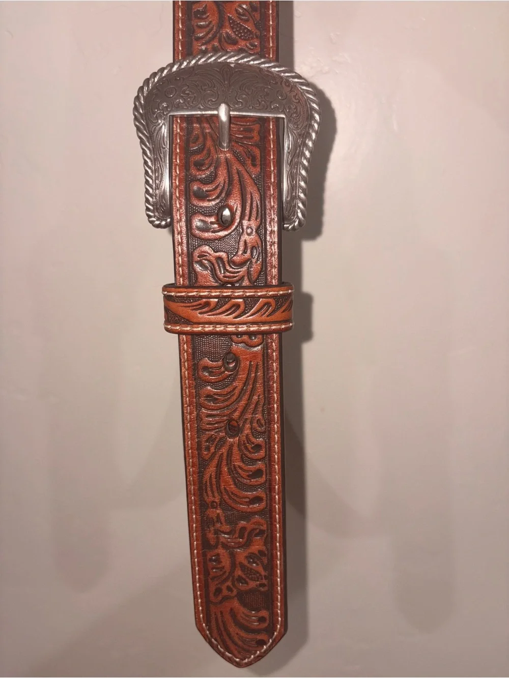 Hand-Tooled Brown Leather Western Belt with Ornate Silver Buckle